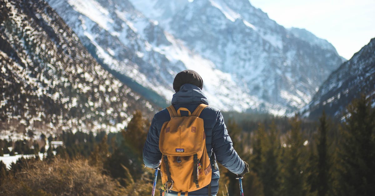 A lone hiker with a backpack explores a scenic winter mountain landscape.